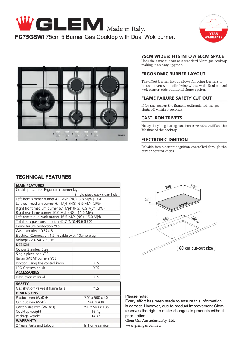 Page 1 de la notice Fiche technique Glem Gas FC75GSWI