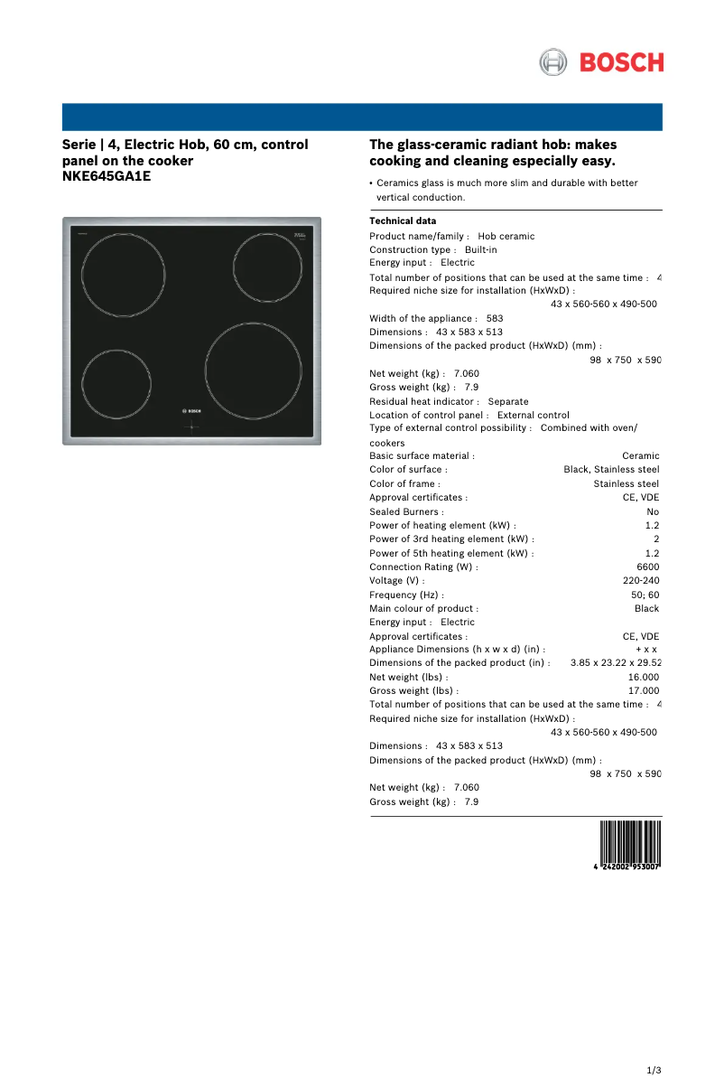 Page 1 de la notice Fiche technique Bosch Serie 4 NKE645GA1E