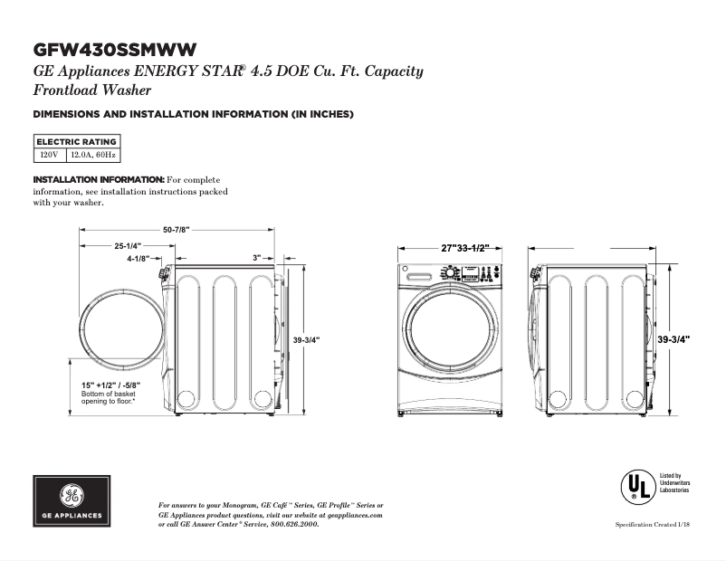 Page n°1 - Fiche technique GE GFW430SSMWW