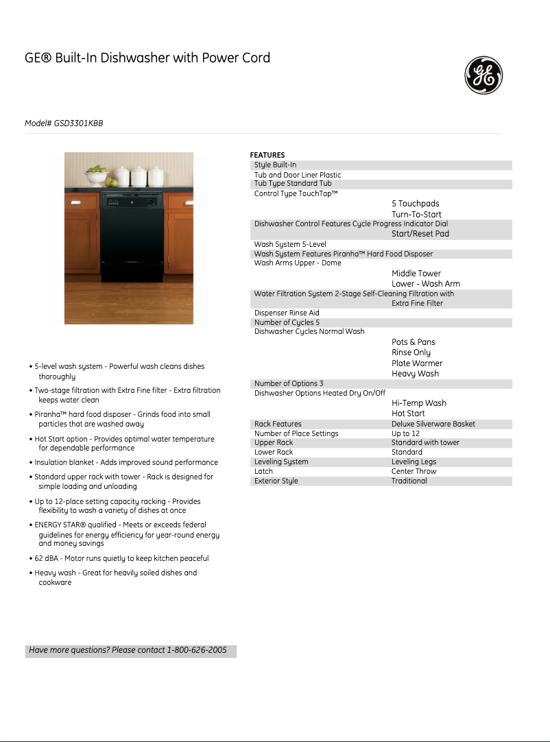 Page 1 of the manual Technical Sheet GE GSD3301KBB