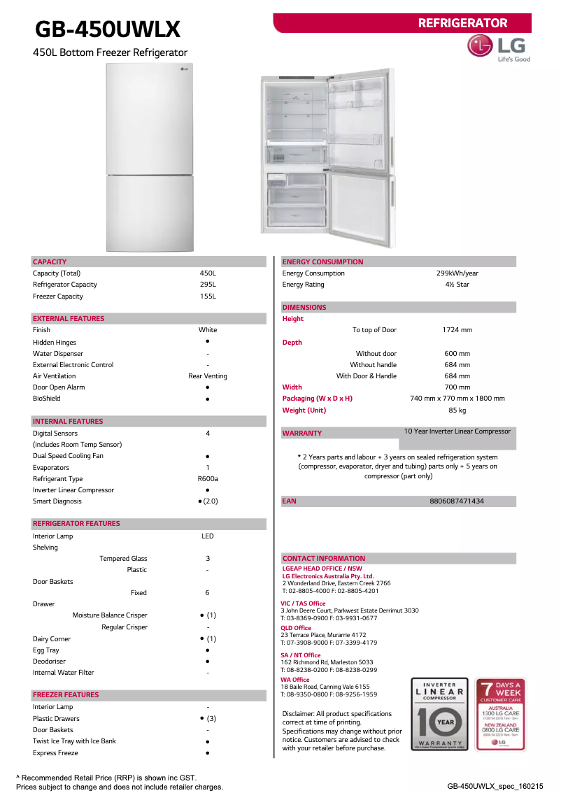 Page 1 de la notice Fiche technique LG GB-450UWLX