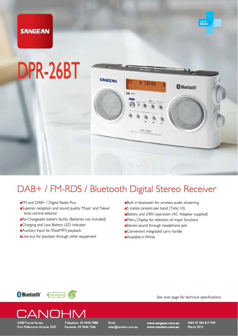 Page 1 de la notice Manuel utilisateur Sangean DPR-26BT