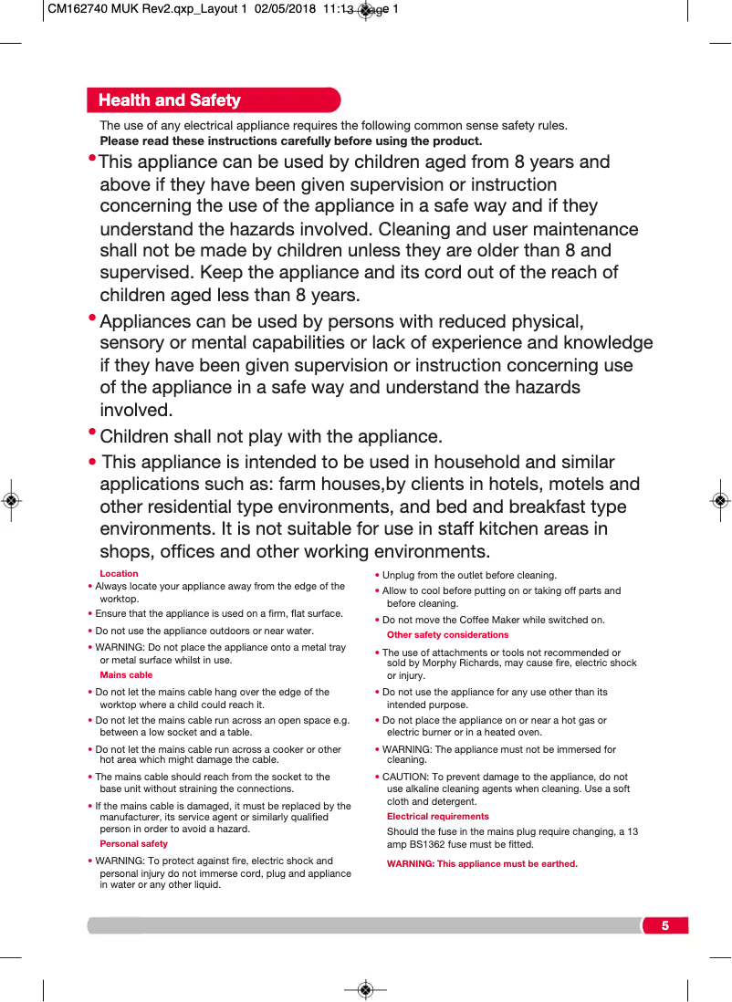 Page 1 de la notice Manuel utilisateur Morphy Richards 162740