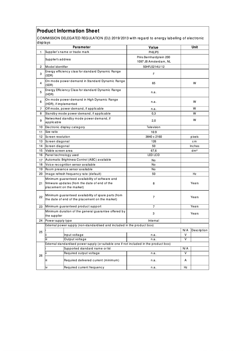 Page 1 de la notice Fiche technique Philips 50HFL5214U