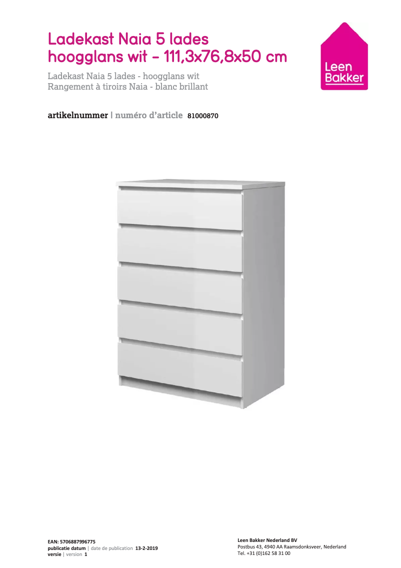 Page 1 de la notice Manuel utilisateur Leen Bakker Naia