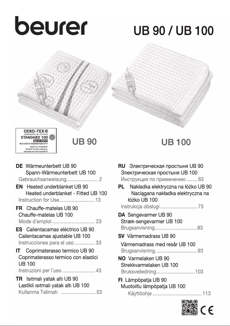 Page 1 de la notice Manuel d'utilisation et d'entretien Beurer UB 100 Cosy