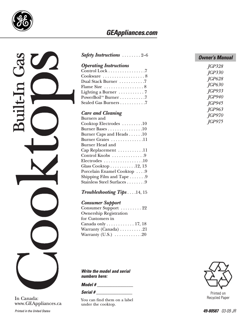 Page 1 of the manual Use and Maintenance Manual GE Profile JGP933SEKSS