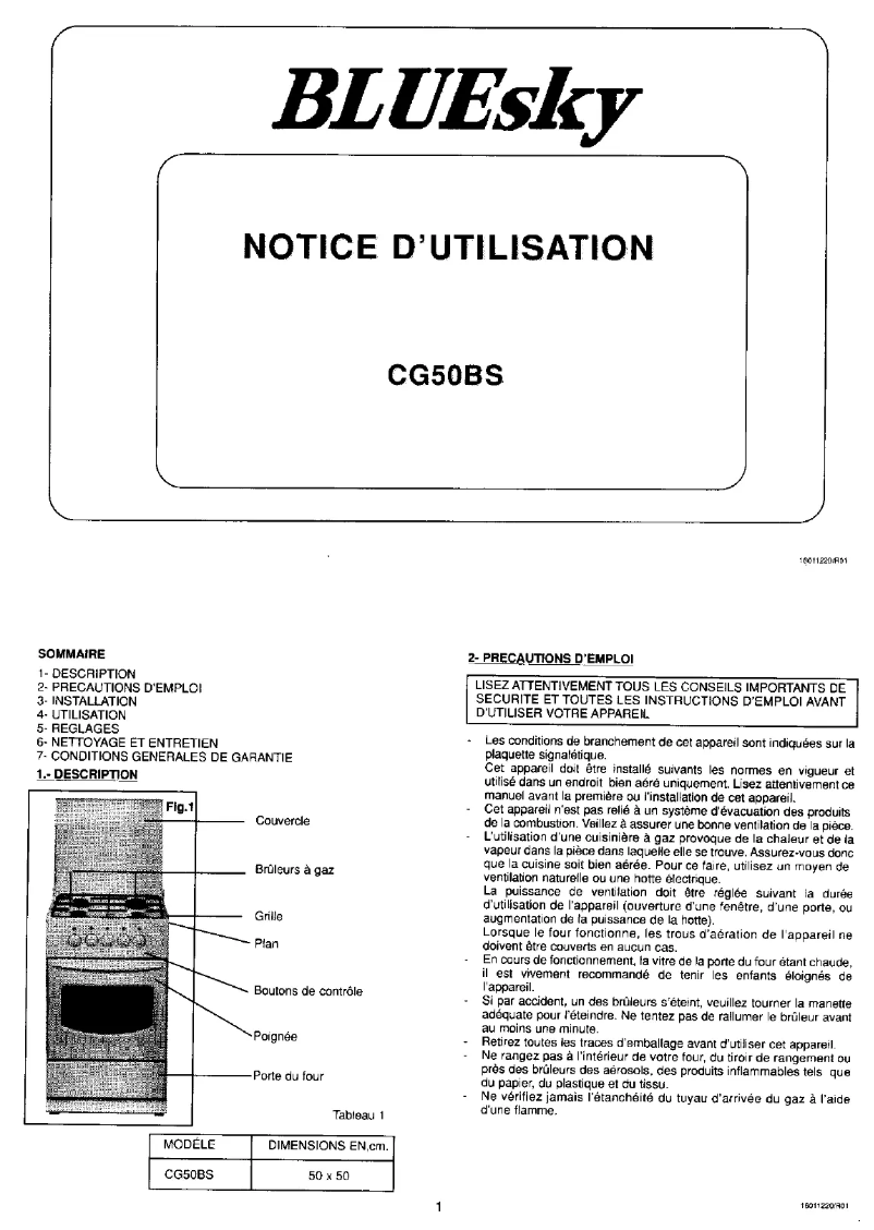 Page 1 de la notice Manuel utilisateur Bluesky CG 50 BS
