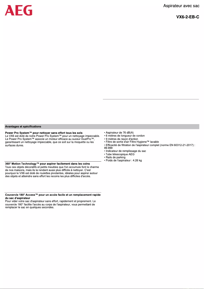 Página 1 del manual Ficha técnica AEG VX8 X Silence