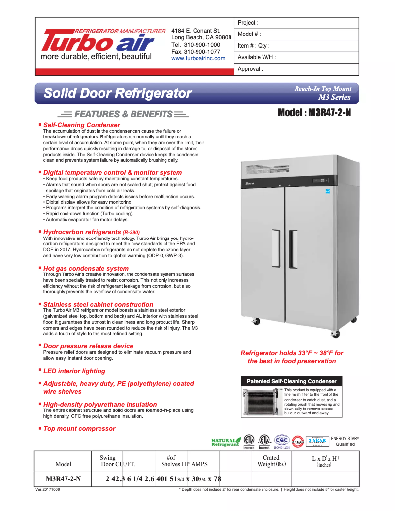 Página 1 del manual Ficha técnica Turbo air M3R47-2