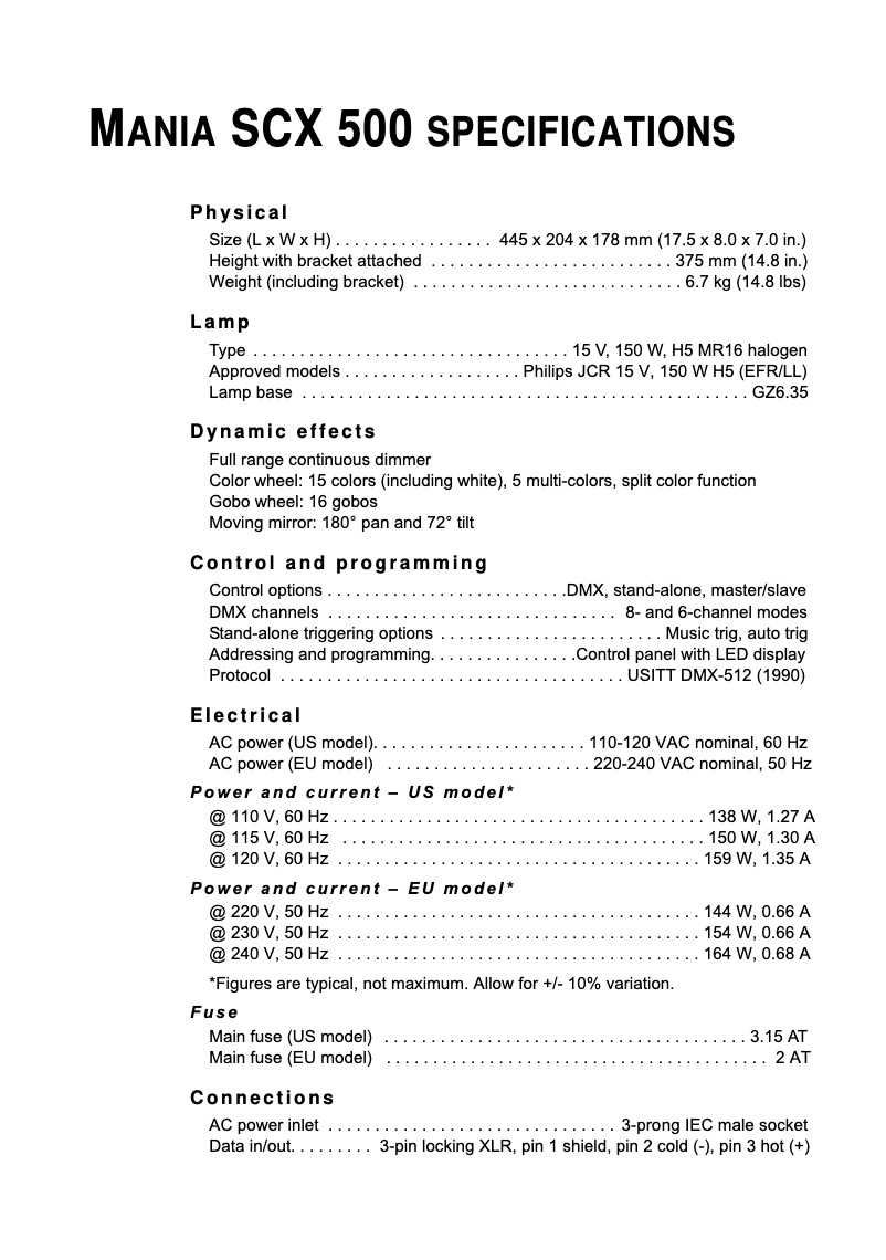 Page 1 de la notice Fiche technique Martin Mania SCX500