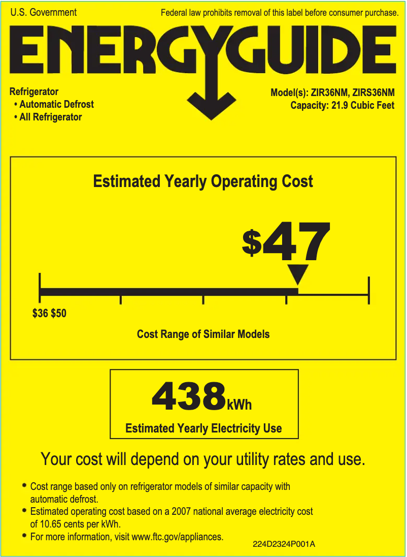 Page 1 de la notice Label énergétique GE ZIR36NMLH