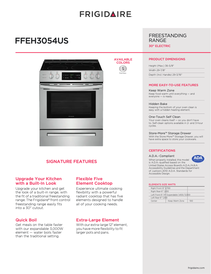 Página 1 del manual Ficha técnica Frigidaire FFEF3056TS