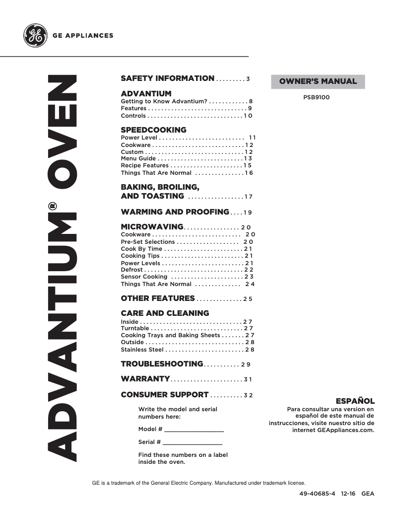 Page n°1 - Mode d'emploi GE PSB9100BLTS