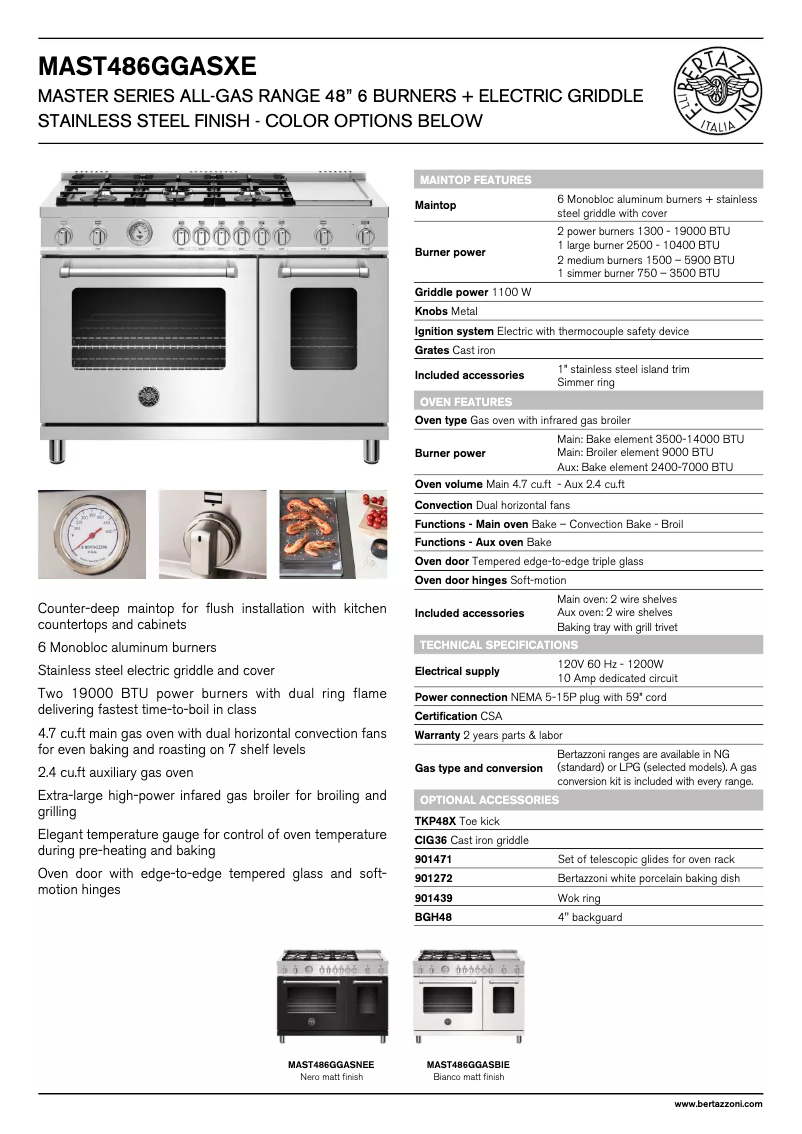 Page 1 de la notice Fiche technique Bertazzoni MAST486GGASBIE