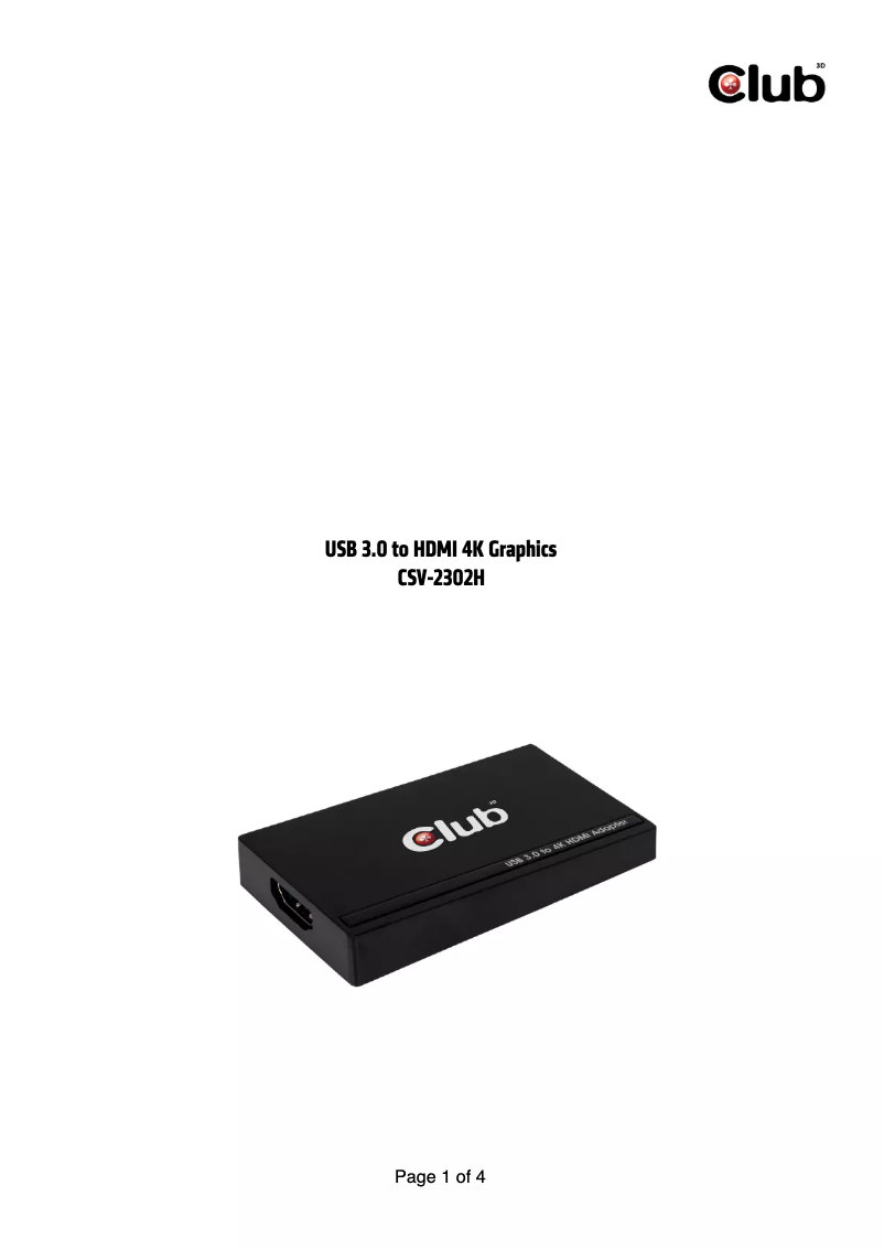 Page 1 of the manual User Manual CLUB3D SenseVision USB3.0 to DVI-I & HDMI Graphics Adapter