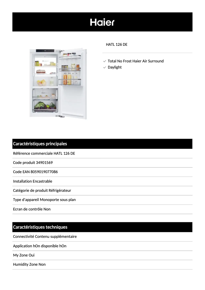 Página 1 del manual Ficha técnica Haier HATL 126 DE