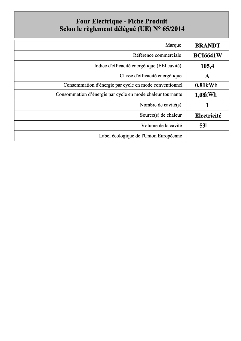 Page 1 de la notice Fiche technique Brandt BCI6641W