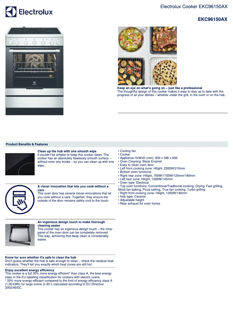Page 1 de la notice Fiche technique Electrolux EKC96150AX