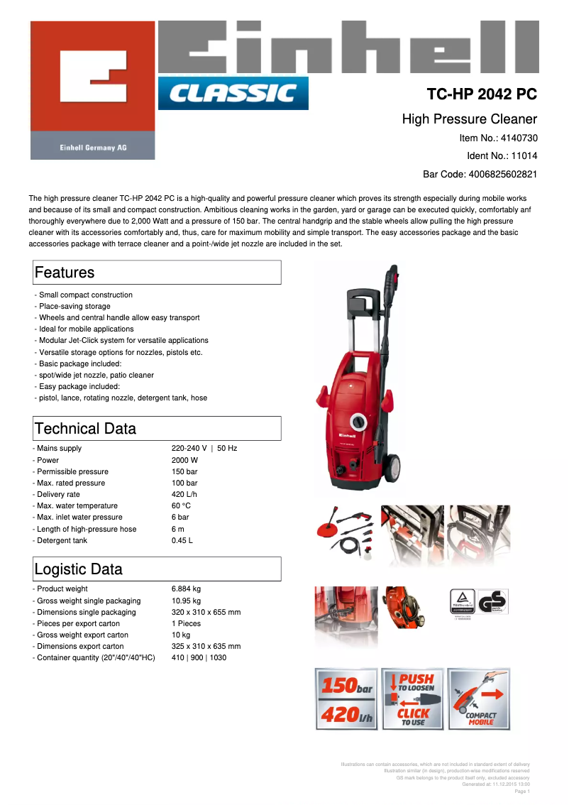 Page 1 de la notice Fiche technique Einhell TC-HP 2042 PC