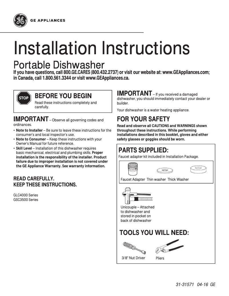 Page 1 de la notice Guide d'installation GE GSC3500DBB