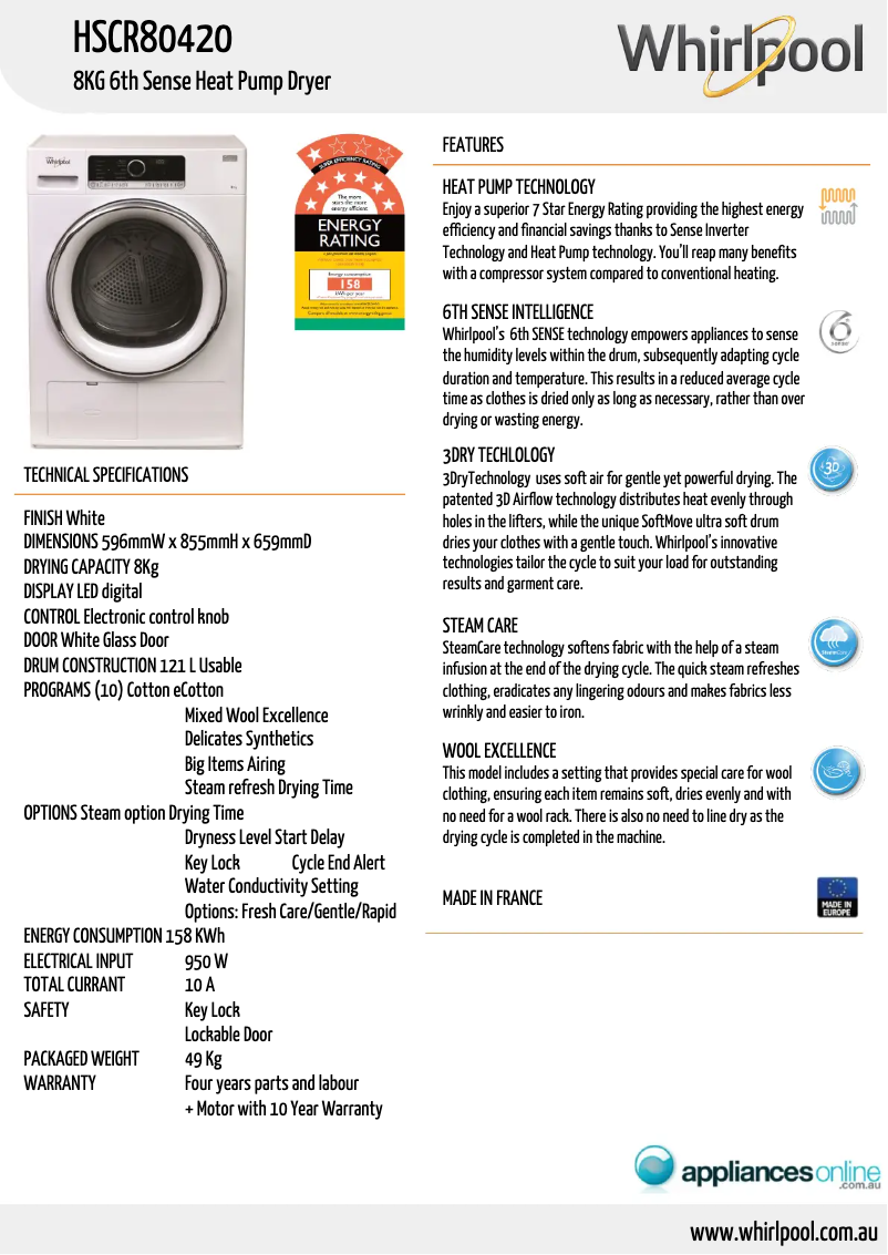 Página 1 del manual Ficha técnica Whirlpool HSCR 80420