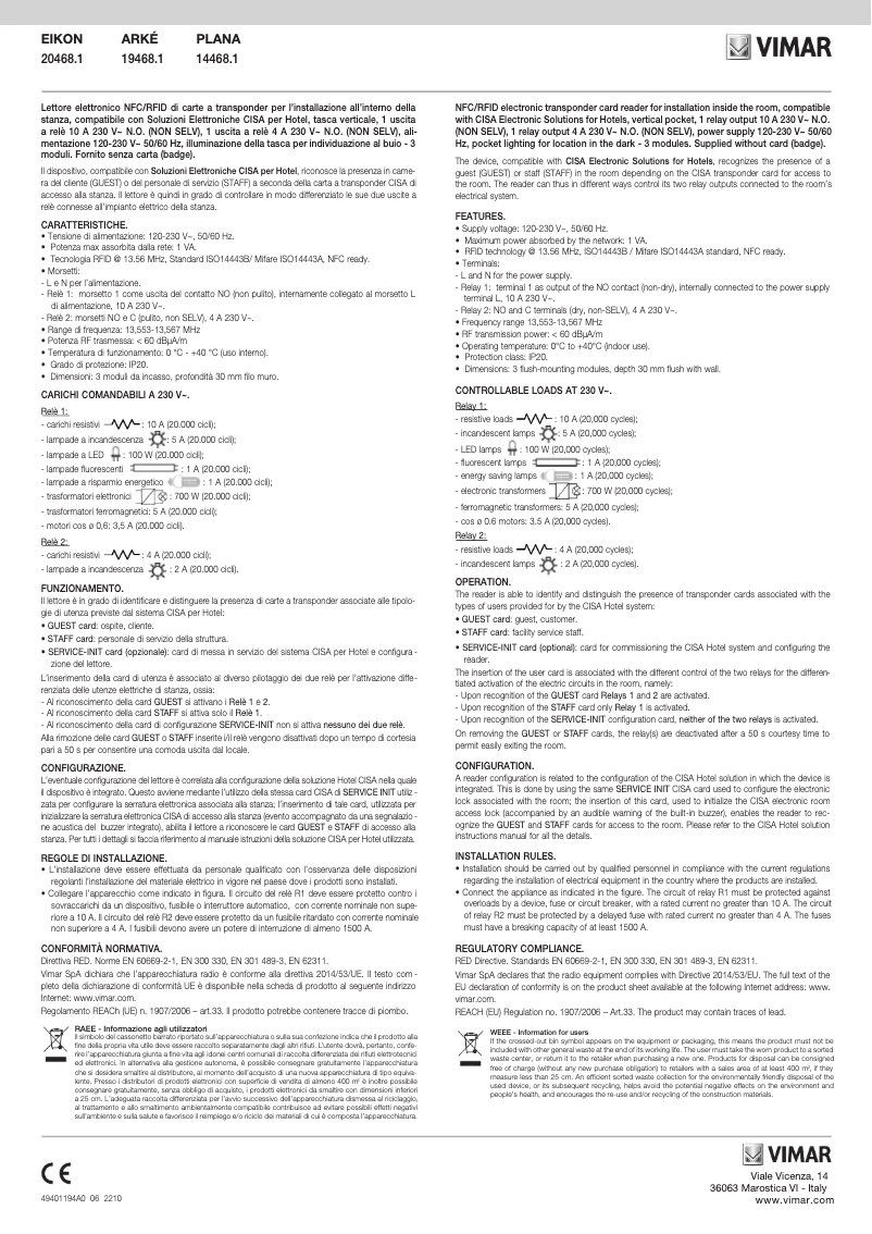 Page 1 of the manual User Manual Vimar 14468.1