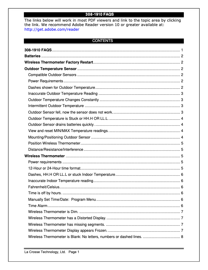 Page 1 de la notice FAQ La Crosse Technology 308-1910R