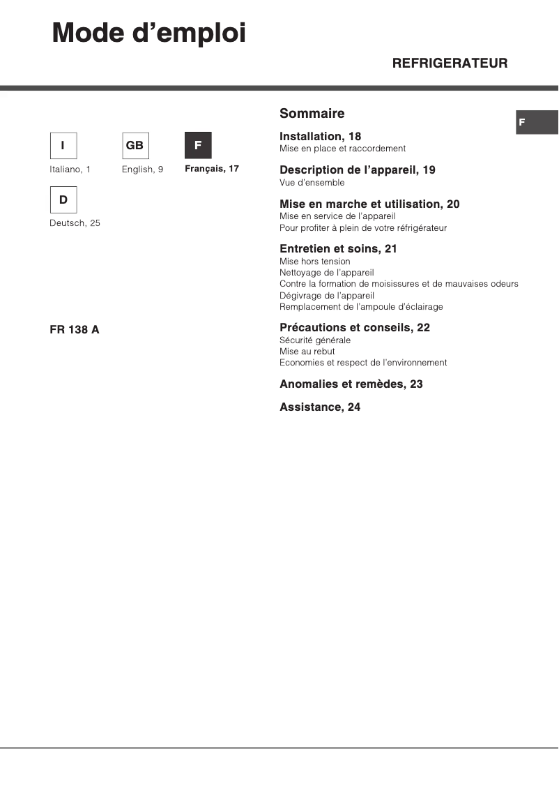 Image de la première page du manuel de l'appareil FR138A