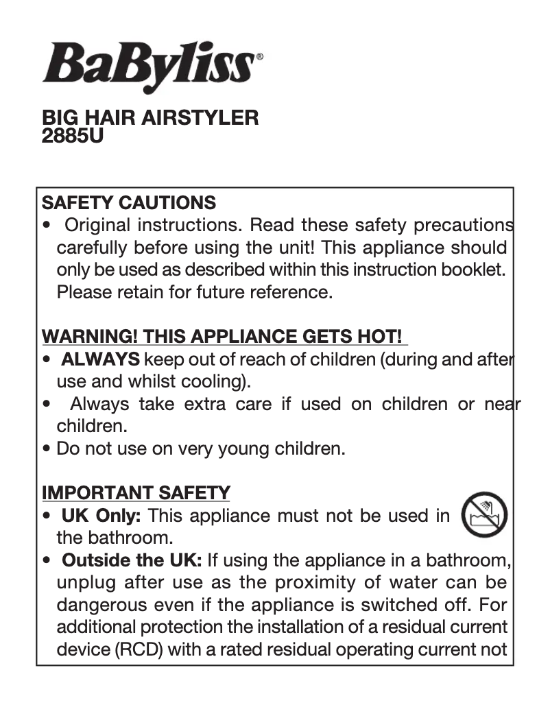 Page 1 de la notice Manuel utilisateur BaByliss Big Hair 2885U