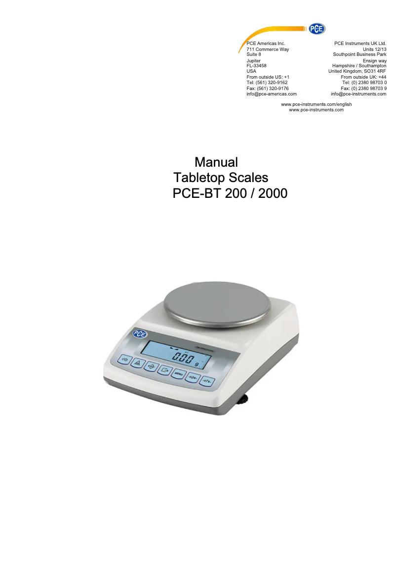 Page 1 of the manual User Manual PCE Instruments PCE-BT 200
