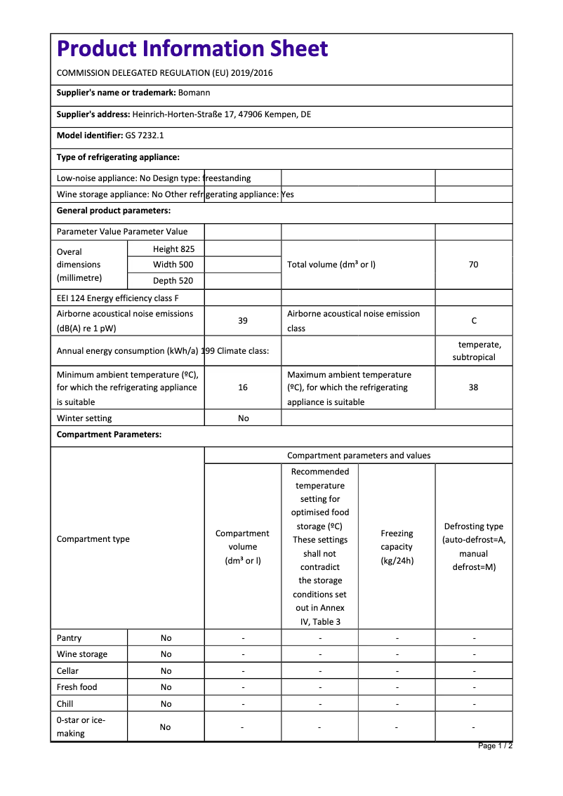 Page 1 de la notice Fiche technique Bomann GS 7232.1