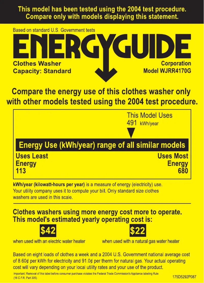 Page 1 of the manual Energy Label GE WJRR4170GWW