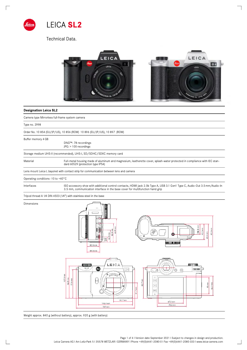 Page 1 de la notice Fiche technique Leica SL2