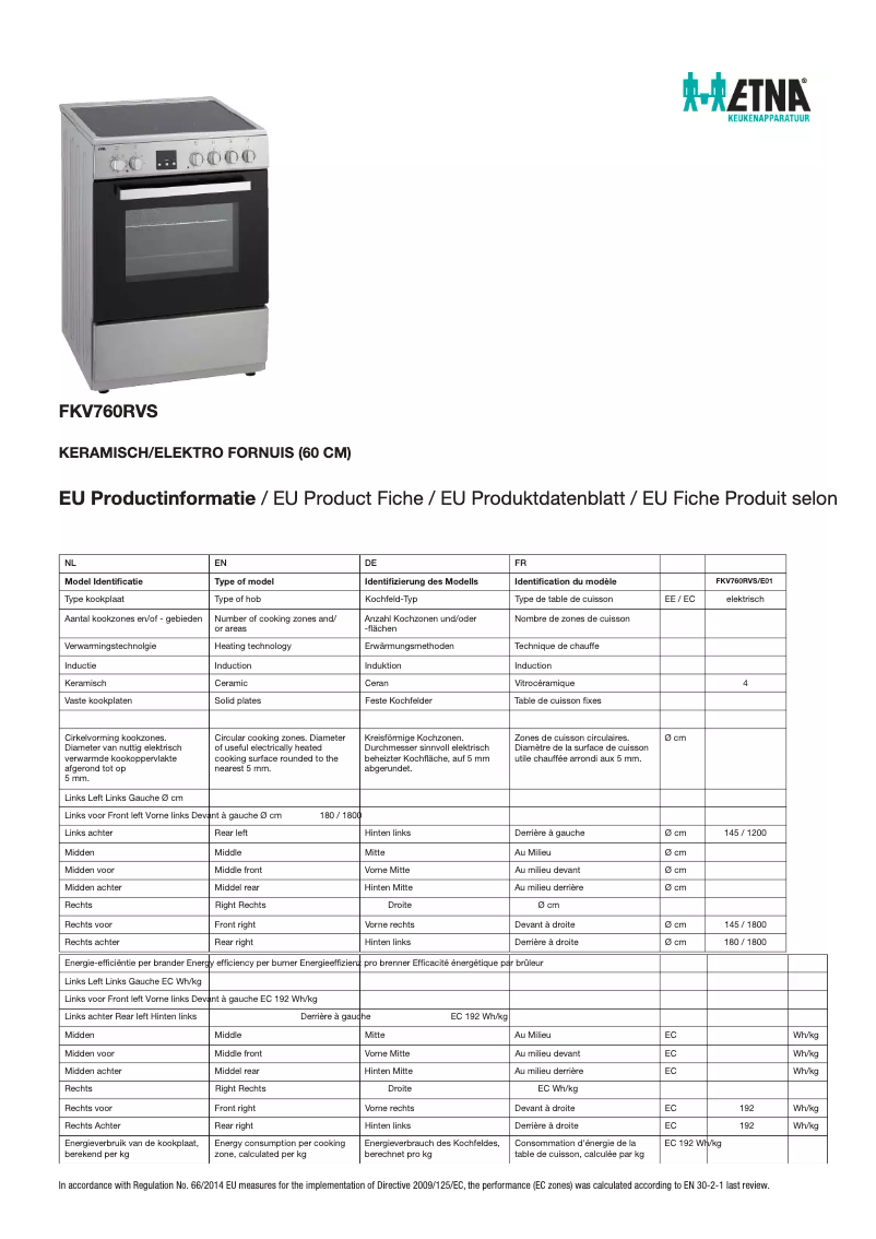 Page 1 de la notice Fiche technique Etna FKV760RVS