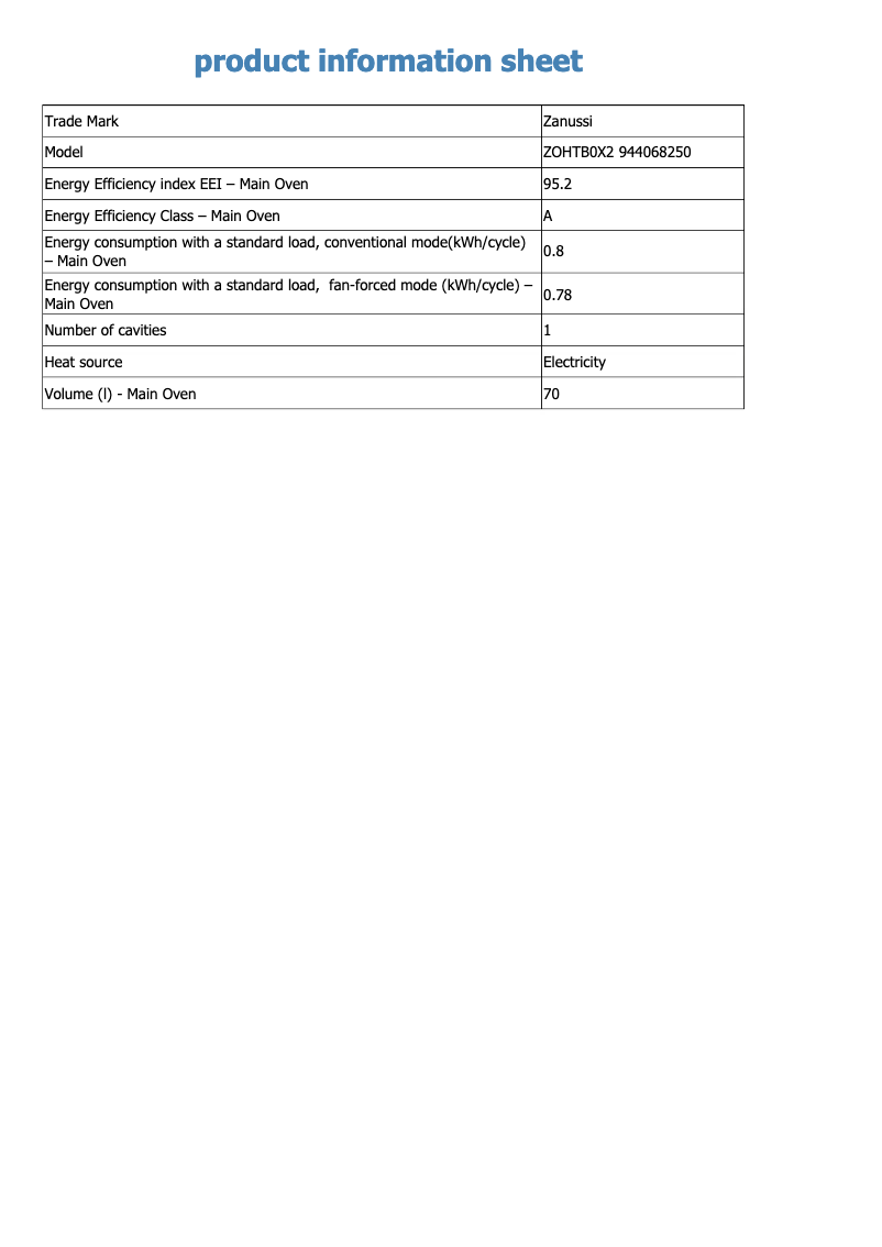 Page 1 de la notice Fiche technique Zanussi ZOHTB0X2