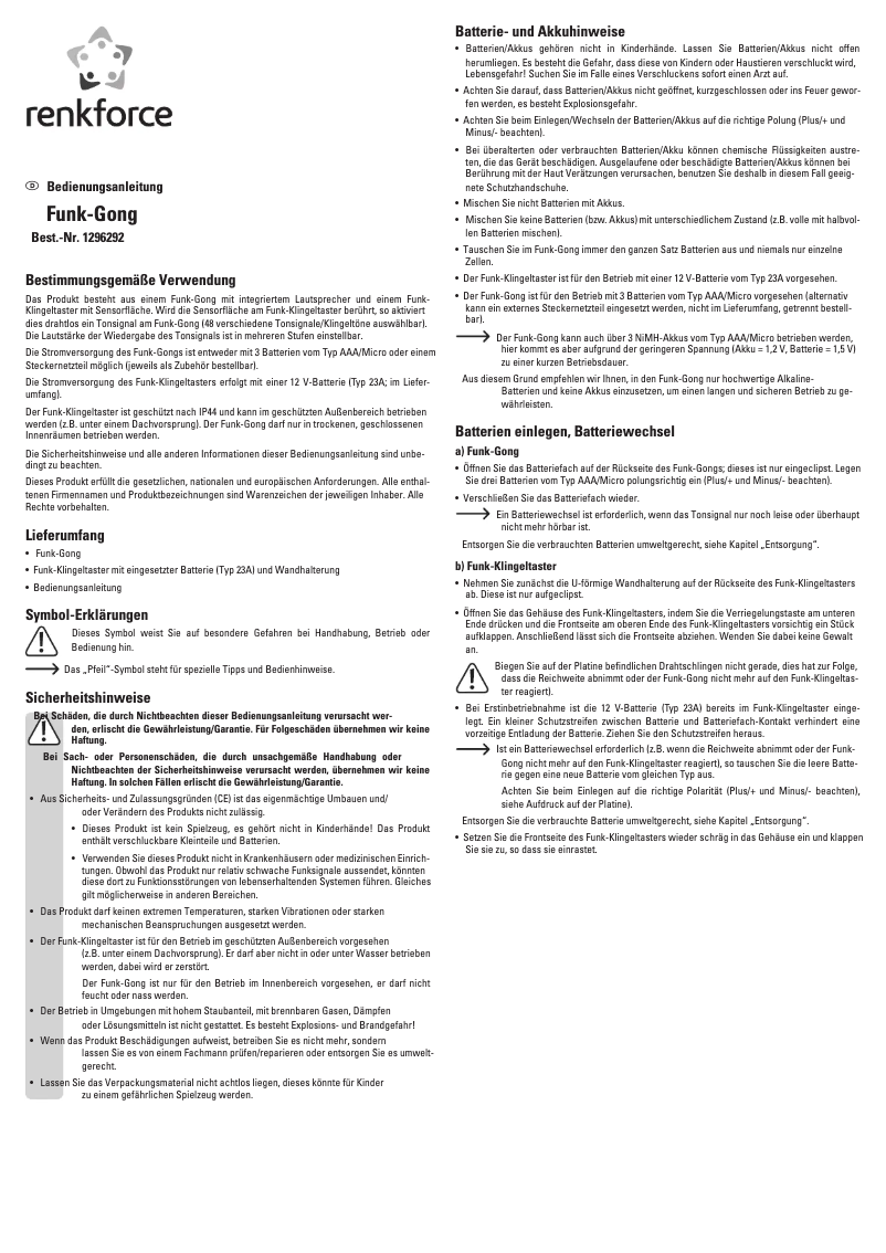 Page 1 de la notice Manuel utilisateur Renkforce 1296292