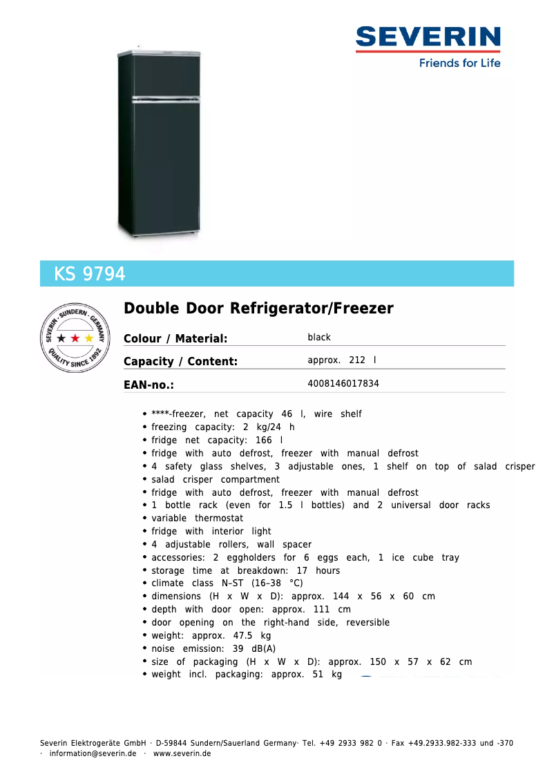Page 1 de la notice Fiche technique Severin KS 9794