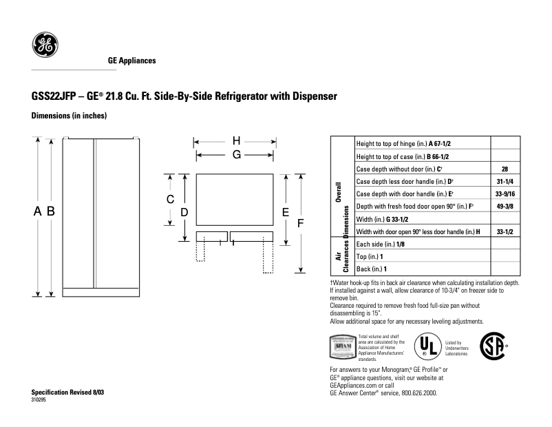 Page n°1 - Fiche technique GE GSS22JFPBB
