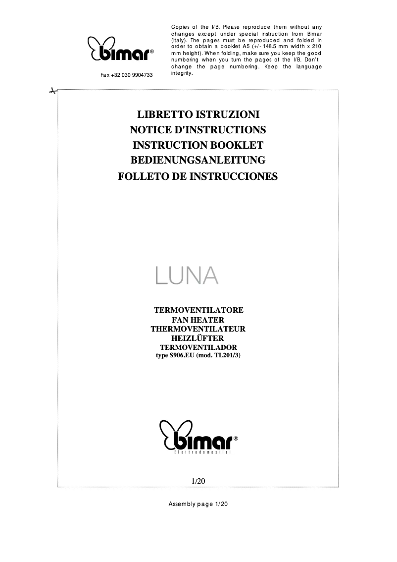 Page 1 de la notice Manuel utilisateur Bimar S906.EU