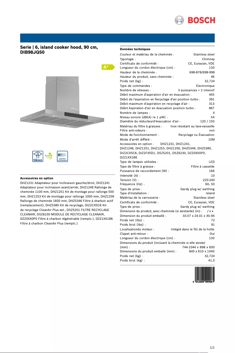 Page 1 de la notice Fiche technique Bosch DIB98JQ50