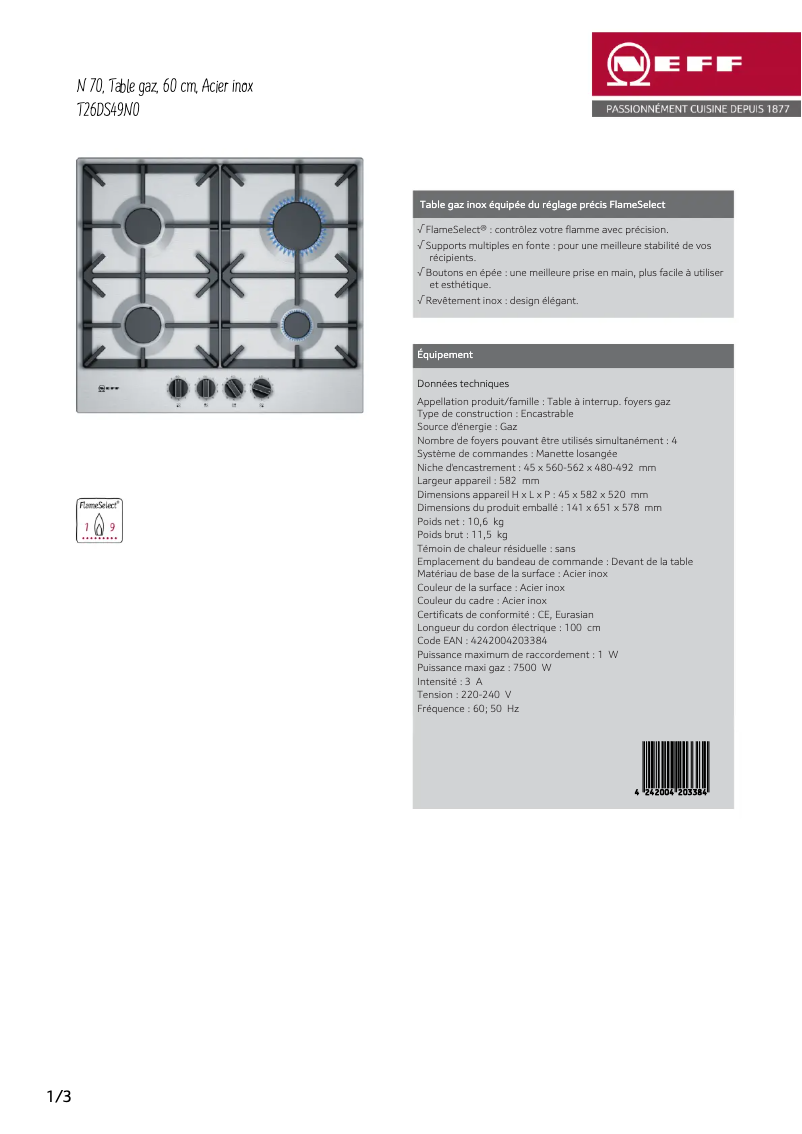 Page 1 de la notice Fiche technique Neff T26DS49N0