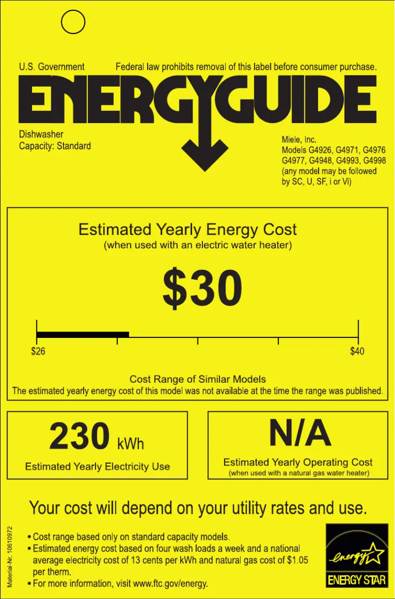 Page 1 of the manual Energy Label Miele G 4998 SCVI