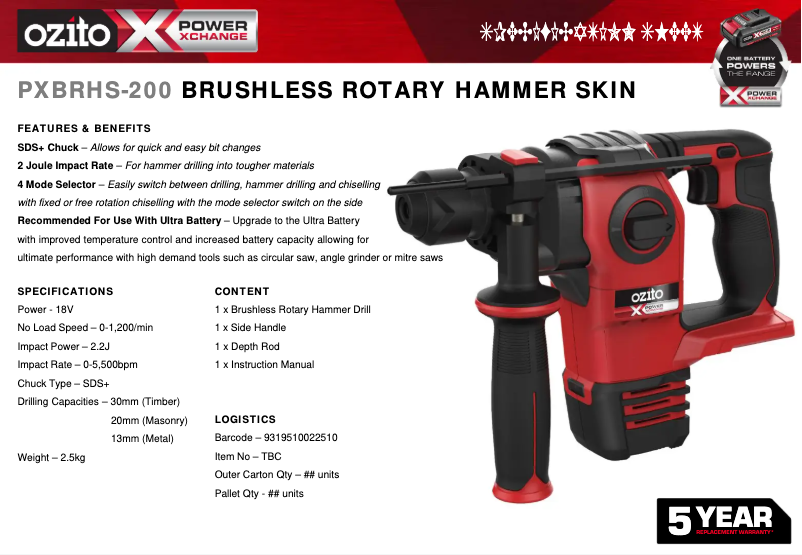 Page 1 de la notice Fiche technique Ozito PXBRHS-200