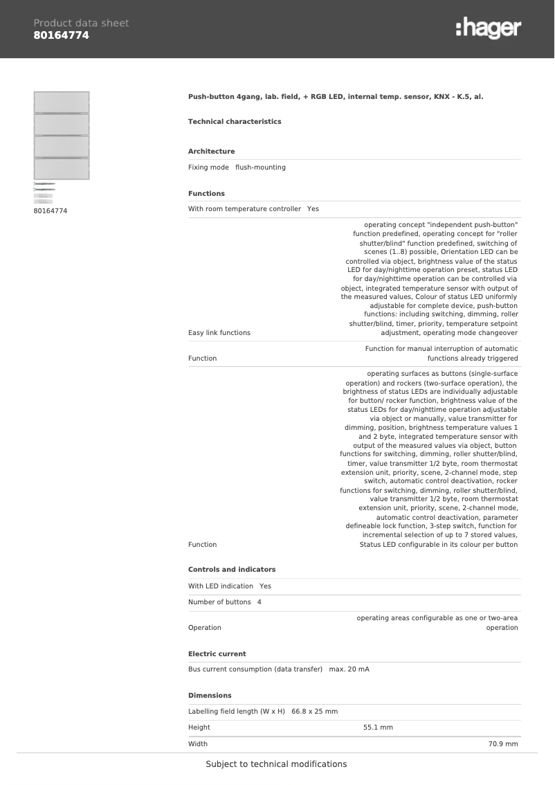 Page 1 de la notice Fiche technique Berker 80164774