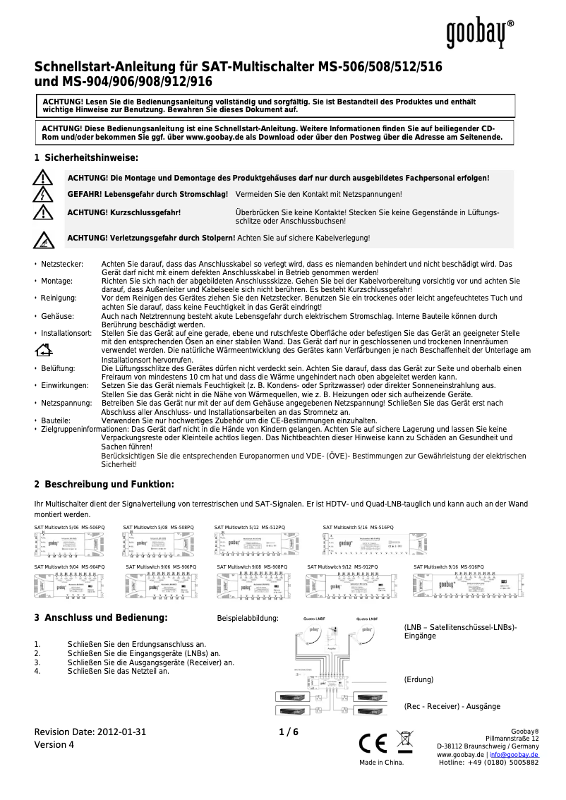 Page 1 de la notice Manuel utilisateur Wentronic SAT Multiswitch 9/12 MS-912PQ