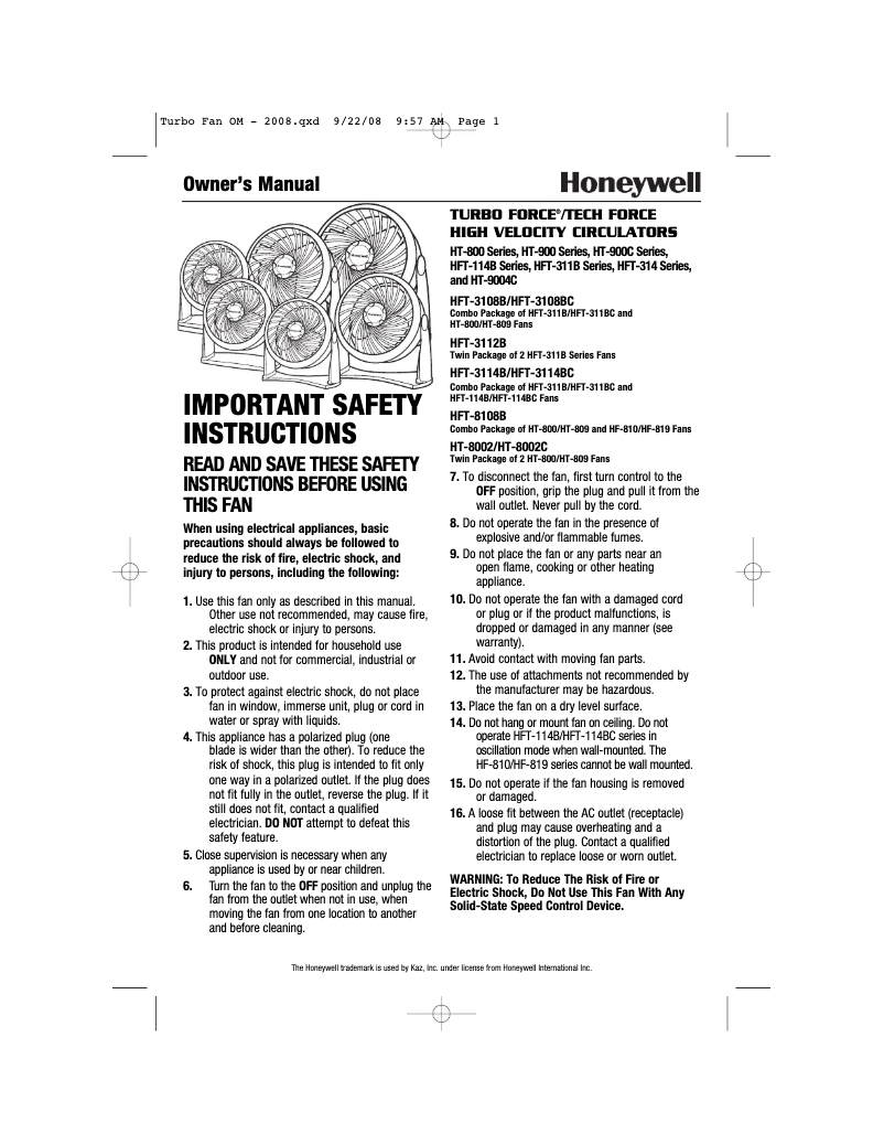 Page 1 de la notice Manuel utilisateur Honeywell HT-908