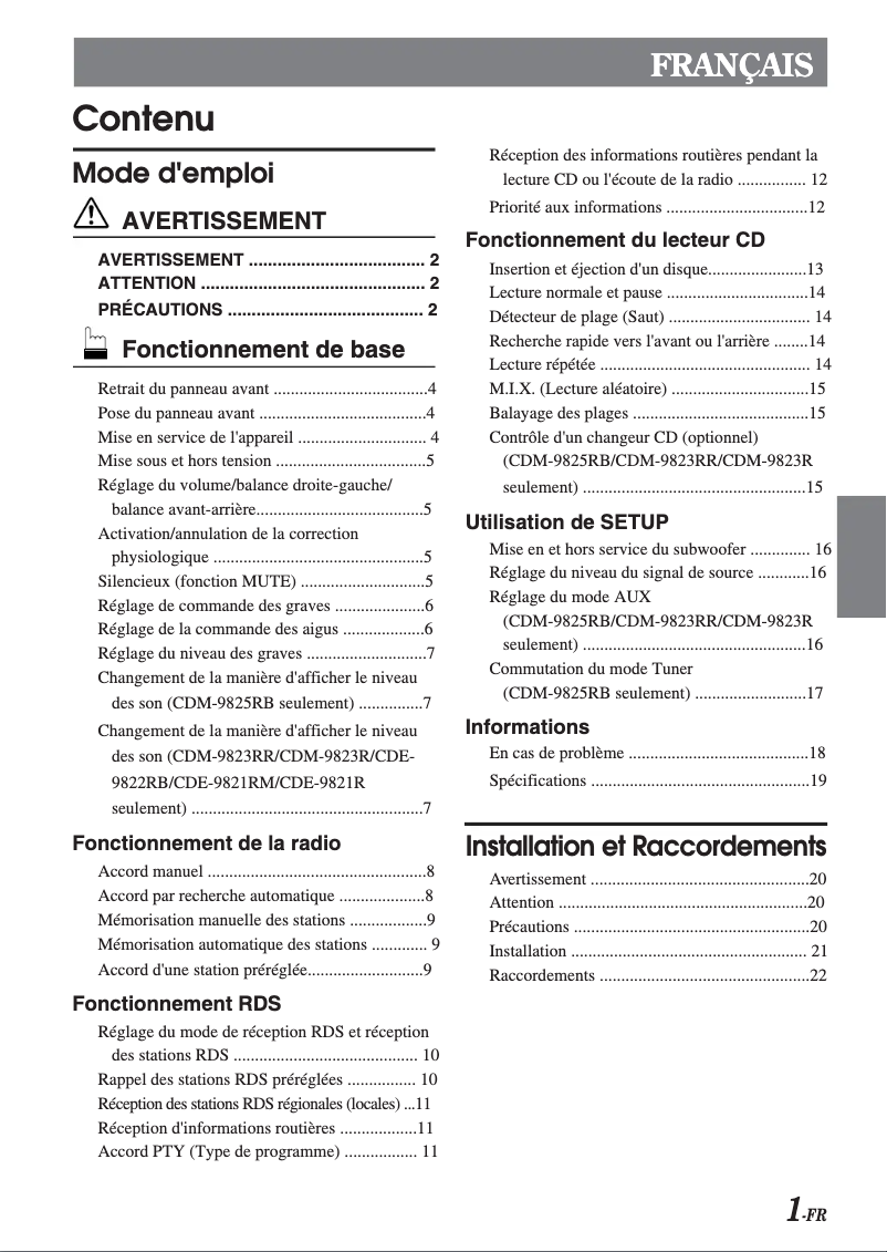 Page 1 de la notice Manuel utilisateur Alpine CDE-9821R