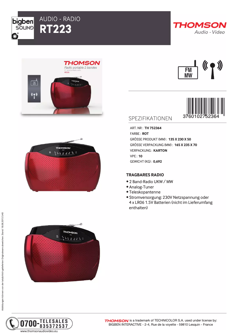 Página 1 del manual Ficha técnica Thomson RT222