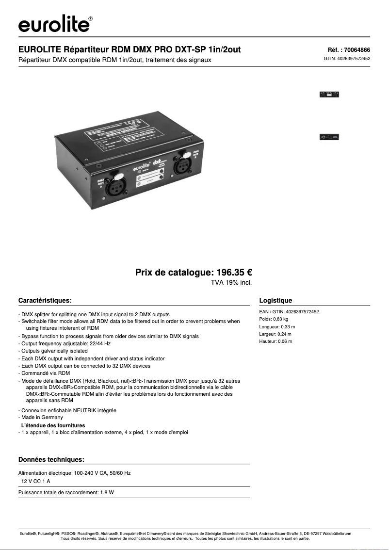 Page 1 of the manual Technical Sheet Eurolite DXT-SP
